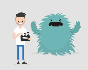 Film set. Horror movie. Big scary monster. Young character holding a retro clapper board. Entertainment industry / flat editable vector illustration, clip art