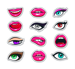 Vector stickers kit of female lips and woman eyes collection: eyelashes eyes of fatal beauty with makeup different emotions.