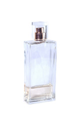glass bottle of perfume on white background