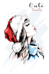 Stylish hand drawn woman portrait. Woman in santa red hat. Beautiful young girl. Sketch.