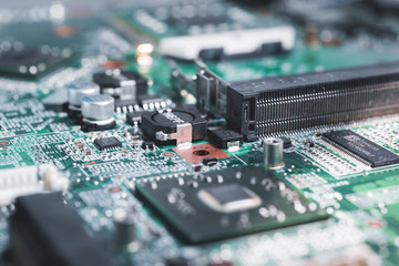 Obraz premium Computer circuit board.High technology. Close up of computer electronic circuit board. Computer part