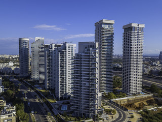 Naklejka premium Park Tzameret akirov is a newly built residential neighborhood of Tel Aviv israel apartment buildings, surrounded by green space panoramic view Kikar Hamedina