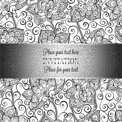 Victorian background with antique, luxury black and silver vintage frame, victorian banner, damask floral wallpaper ornaments, invitation card, baroque style booklet, fashion pattern, template