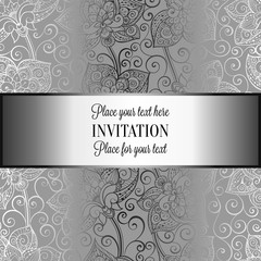 Victorian background with antique, luxury black and silver vintage frame, victorian banner, damask floral wallpaper ornaments, invitation card, baroque style booklet, fashion pattern, template