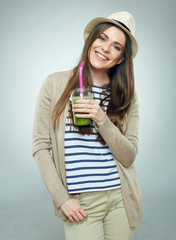 Happy modern young smiling woman portrait with smoothie juice.