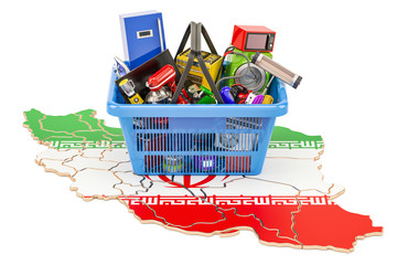 Map of Iran with shopping basket full of home and kitchen appliances, 3D rendering