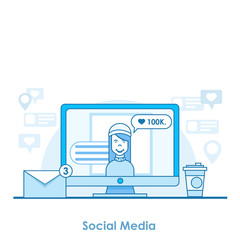 Social media banner strategy. A computer with an open network. Friends send messages, put the likes, notifications