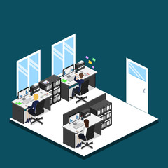Isometric 3D vector illustration Interior of department office with workplaces