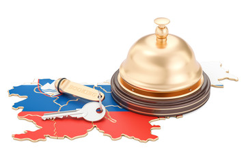 Slovenia booking concept. Slovenian flag with hotel key and reception bell, 3D rendering