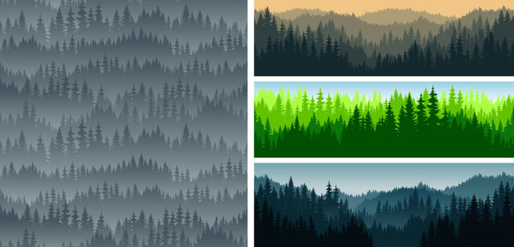 set of vector mountains forest woodland background texture seamless pattern