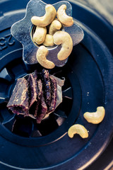 high-protein snack between the approaches, cashew nuts and chopped beef.