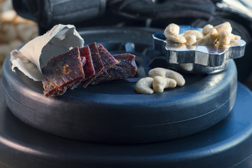 high-protein snack between the approaches, cashew nuts and chopped beef.