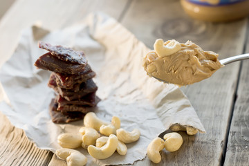 high-protein snack between risings, cashew nuts and chopped beef. Energy snack before training