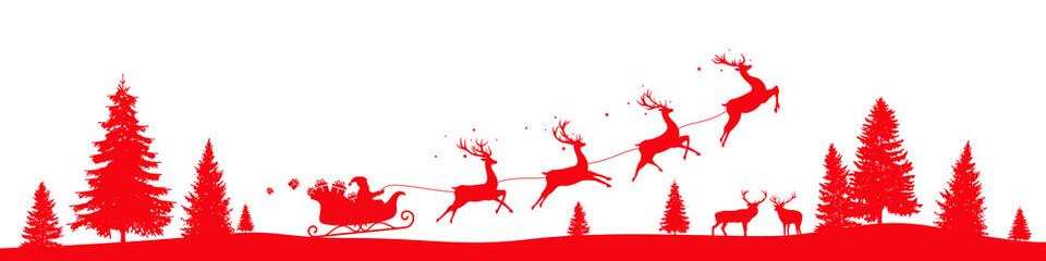 Santa sleigh banner, red Christmas landscape border