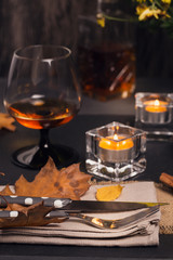 Fototapeta na wymiar Table setting with autumn decoration for Thanksgiving.