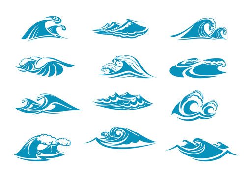 Vector icons of ocen water wave blue splash