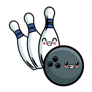 Bowling ball and pins kawaii cute cartoon vector illustration graphic