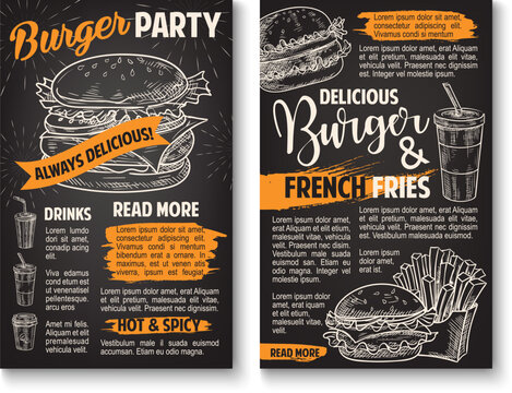 Vector sketch burger fast food restaurant posters