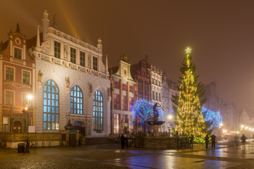 Historical Artus Court, fountain of the Neptune and Christmas tree in the centre of Gdańsk. Foggy night. Poland © vivoo