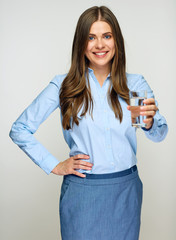 Business woman holding water glass.