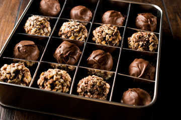 Box of Chocolate Pralines with Hazelnuts.