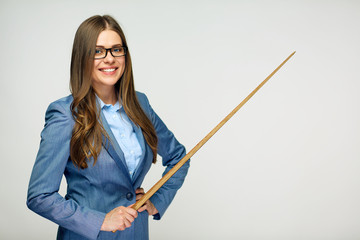 Portrait of young teacher holding pointer.