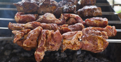 A well-roasted shish kebab on skewers of stainless steel, located on the rosebird brazier