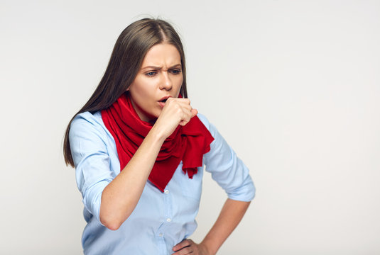 Sickness woman coughing in fist.