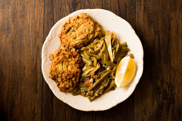 Turkish Food Mucver with Olive Oil Green Beans / Zeytinyagli Fasulye.