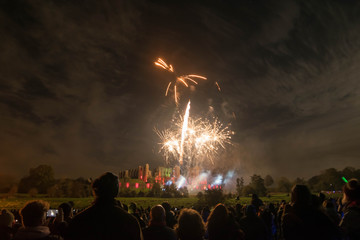 Fototapeta na wymiar People watching Fireworks display at bonfire 4th of November celebration, Kenilworth Castle, united kingdom.