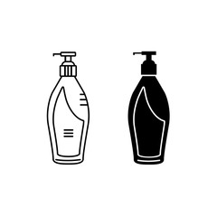 Black silhouette and line flat icon of original soap dispenser bottle. Bottle for cosmetic goods: hand cream, lotion, shower gel, hair fliud and conditioner. Beauty product concept.