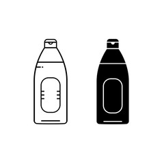 Bottle black silhouette and line icon for cosmetic products: shampoo and hair conditioner, shower gel, body cream or lotion. 