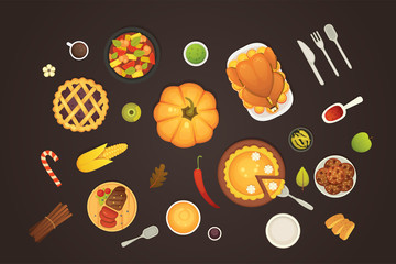 thanksgiving dish menu top view table with roasted turkey vector cartoon. Pumpkin with barry pie and meat. Vector cartoon illustration.