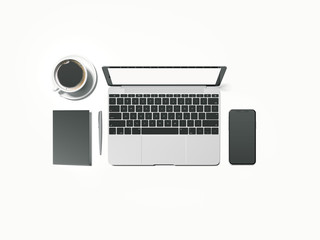 Modern laptop, smartphone and coffee cup. 3d rendering