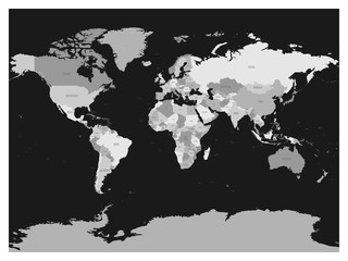 Fototapeta na wymiar World map in four shades of grey on dark background. High detail blank political map. Vector illustration.