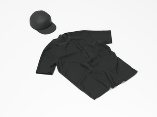 Blank black t-shirt and cap. 3d rendering