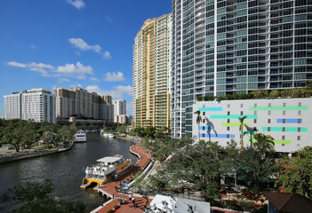Aerial view of Fort Lauderdale's Riverfront, bustling with boating activity and lined with high rise condos and apartments located in the heart of downtown Fort Lauderdale. © Jillian Cain