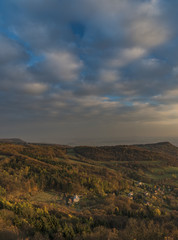 Sunset evening on Varhost hill in Ceske Stredohori mountains