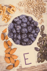 Vintage photo, Products and ingredients containing vitamin E and dietary fiber, healthy nutrition concept