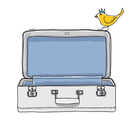 Suitcase Luggage  Cream Colored with yellow bird vintage hand drawn vector art illustration