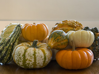Group of multi-colored gourds on wood table with white background