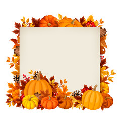 Vector card with orange pumpkins and autumn leaves.