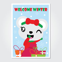 Cute bear girl and Xmas gift bag vector cartoon illustration for Christmas card design, wallpaper and greeting card 