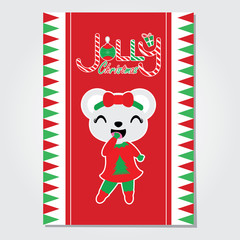 Fototapeta premium Cute bear girl on Jolly Christmas vector cartoon illustration for Christmas card design, wallpaper and greeting card 