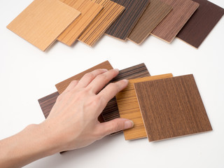 Samples of veneer wood on white background. interior design select material for idea.Hand holding veneer wood.