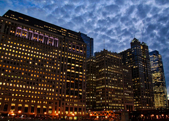 Fototapeta na wymiar Chicago cityscape colorfully illuminated at night in November.