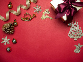 Valentine festival , New year Gold gift box with red ribbon. Red background for create idea copy space.