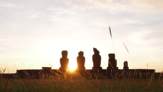 Moais in Ahu Vai Uri at sunset, Tahai Archaeological Complex, Rapa Nui National Park, Easter Island, Chile
