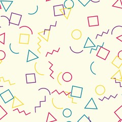 Memphis seamless geometric pattern with beige background with different shapes. Vector repeating texture.