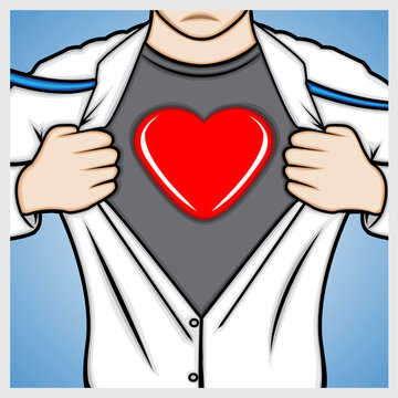 illustration of a man opening shirt to showing the heart symbol